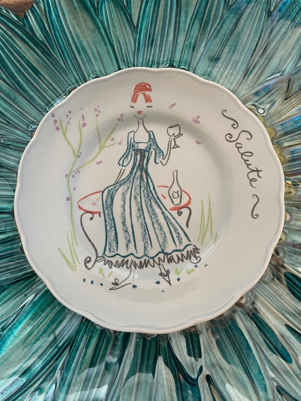 Hand-Painted 'Salute' Decorative Plate with Lady Illustration Anthropologie